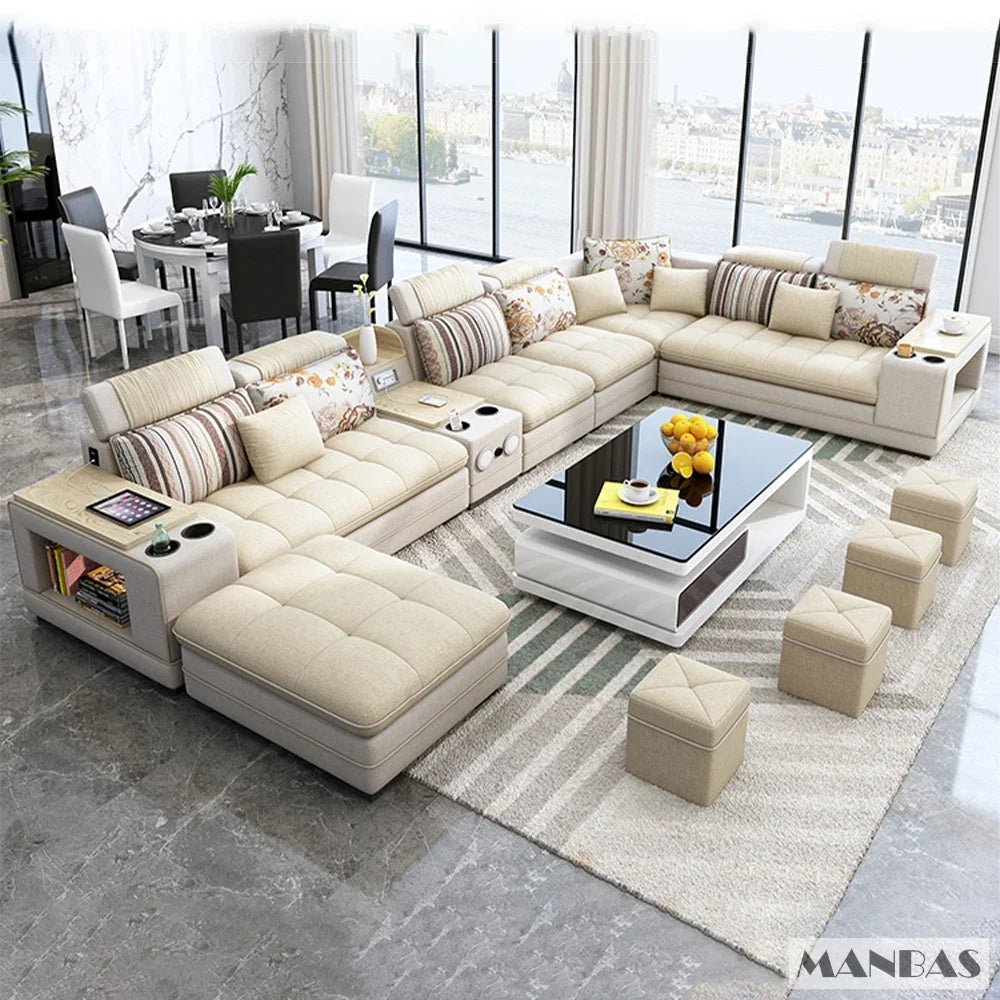 MINGDIBAO Nordic Fabric Sofa Set with Bluetooth Speaker & USB - Modern Living Room Modular Sofas Big U Shape Corner Cloth Couch - Kimlud
