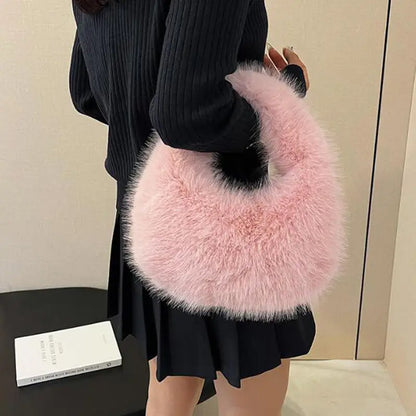 Winter Soft Plush Half Moon Bag Faux Fur Party Clutch Bag Lady Handbags Fluffy Female Winter Purse Casual Tote Bag 1-5PCS
