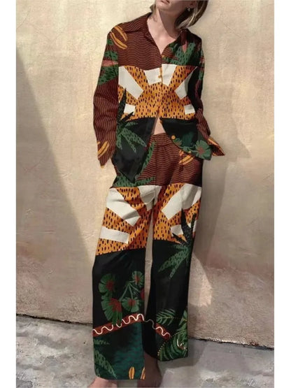 Spring Autumn New In Print Pant Sets Women 2024 Fashion Long Sleeve Shirts Wide Leg Trousers Two Piece Sets Trendy Streetwear