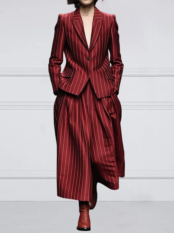 UOOZEE Office Lady Formal Business 2 Piece Sets Striped Long Sleeves Notched Collar Blazer & High Waisted Wide Leg Pants...