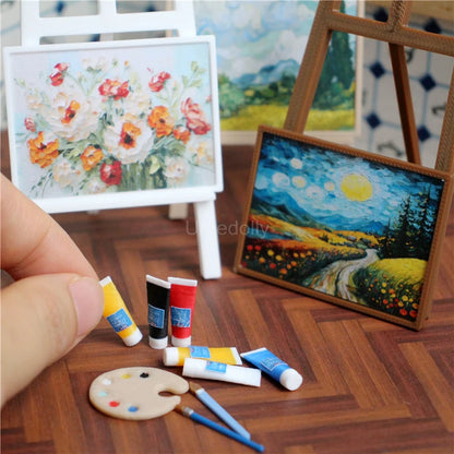1/12 Scale Miniature Dollhouse Painting Pigments Palette Easel Decor for OB11 BJD Doll Accessories Toy - Kimlud