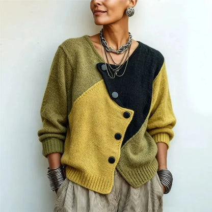 Women Patchwork Knit Cardigan Asymmetric Button Long Sleeve Loose Sweater Coat Retro Casual Autumn Winter Female...