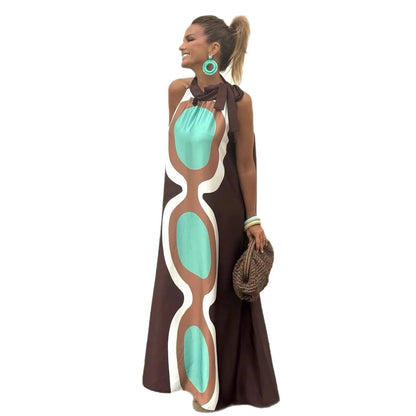 Casual Print Halter Neck Leace-up Long Dresses Women Summer New Vacation Style Loose Maxi Dress Female Vintage Commuting...