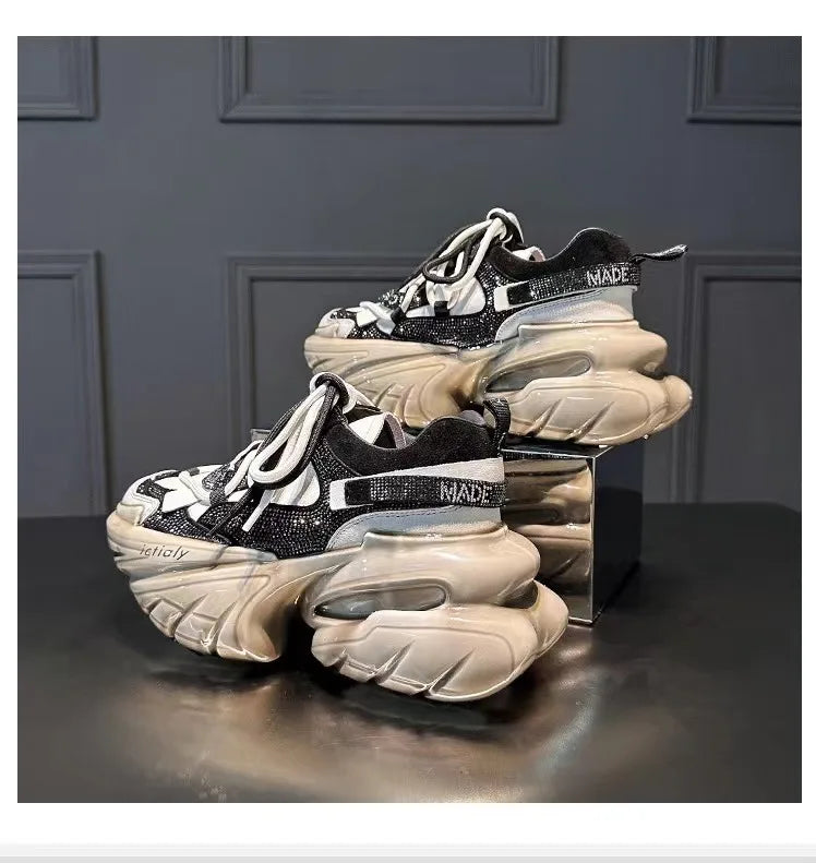 Women High Heels Platform Shoes Spring Crystal Fashion Luxury Designer Brand Chunky Sneakers Unique Design Real Leather Trendy