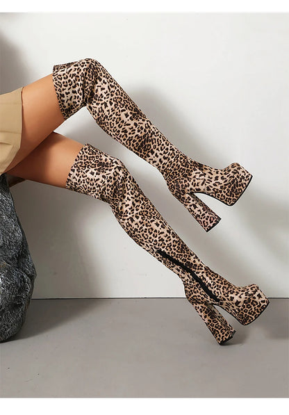 Plus Size High Platform Super Thick Heel Leopard Print Velvet Over The Knee Boots Roman Style Winter Sexy Long Boots