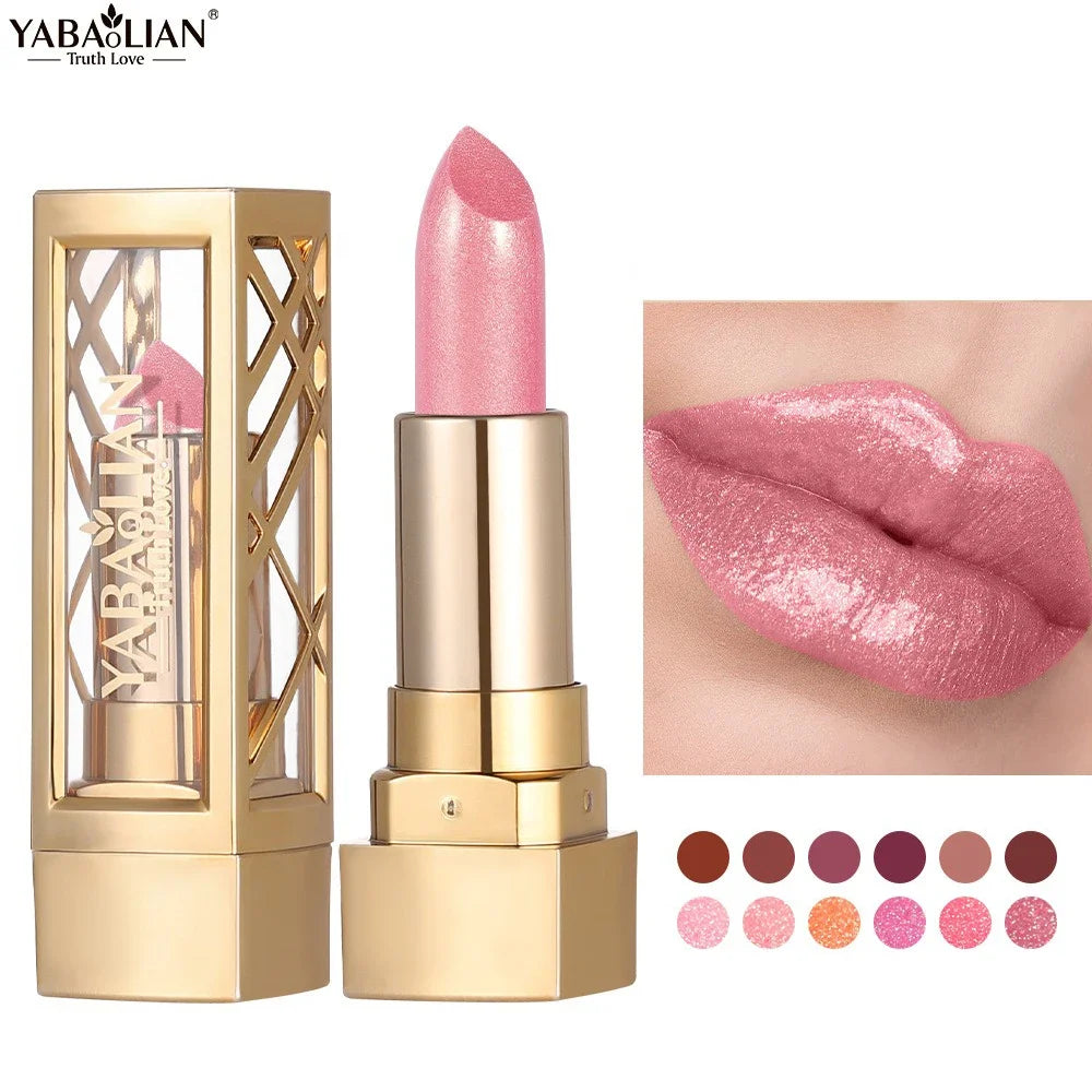 12 Color Gold Tube Lipstick Matte Metallic Glitter Lipstick Waterproof Non-Fade Shimmery Pearl Sparkling Red Lip Gloss Makeup