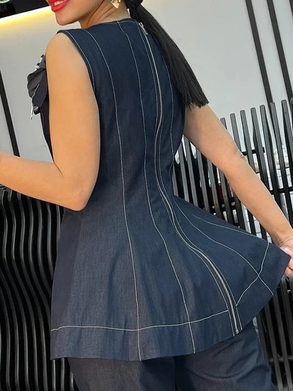 Krisstarsgirl 2025 Trendy Denim Blouse Office Lady Elegant Autumn Back Ziper 3D Flowers Woman Chic Summer Tops Sleeveless Vest