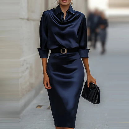 Fashionable satin high-end long sleeved dress with a casual temperament cinched waist and slimming effect new spring dresses