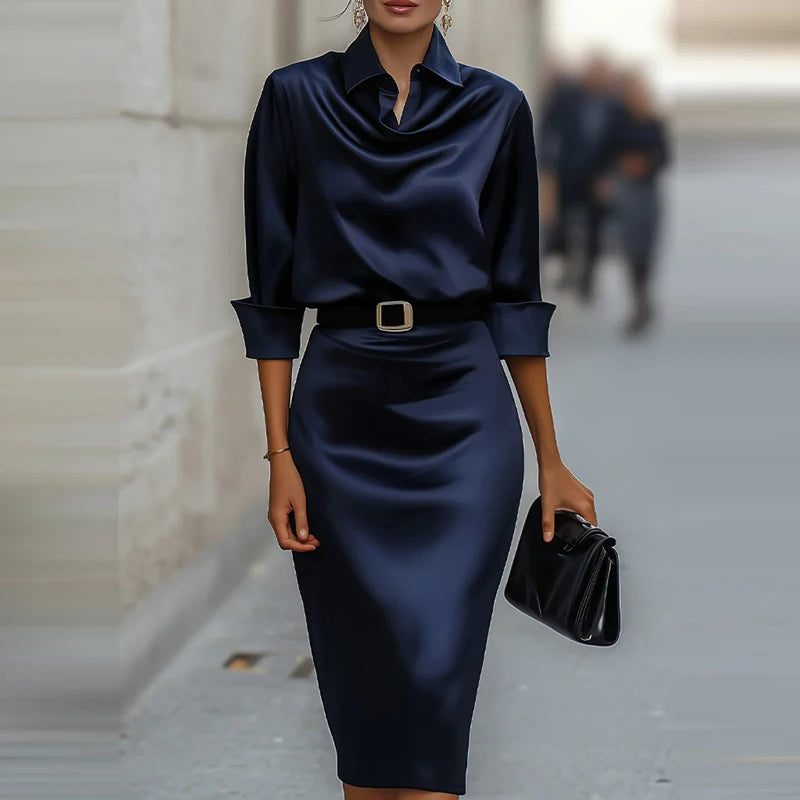 Fashionable satin high-end long sleeved dress with a casual temperament cinched waist and slimming effect new spring dresses