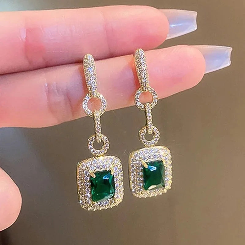 Fashionable Banquet Elegant Emerald Cubic Zirconia Earrings, High-end Inlaid Wedding Style Swaying Jewelry Accessories |...