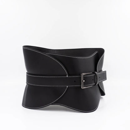 Top-stitched waist seal leather women's wide waistband black pin buckle fashion soft leather dress decorative belt |...