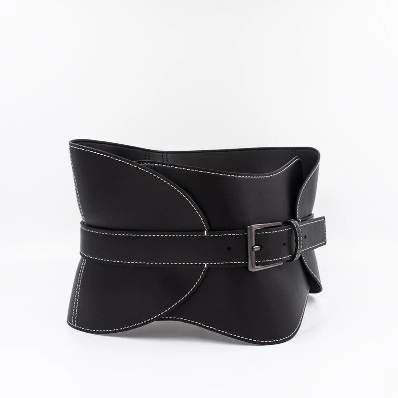 Top-stitched waist seal leather women's wide waistband black pin buckle fashion soft leather dress decorative belt |...