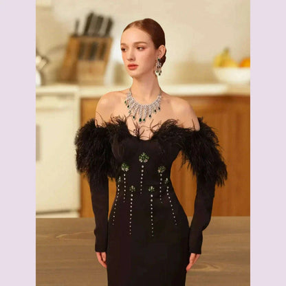 New Women Sexy Long Sleeve Feather Crystal Diamonds Black Knitted Long Bandage Dress Cut Out Elegant Evening Club Party Dress