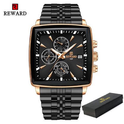 REWARD Fashion Square Dial Watch for Men Stainless Steel Waterproof Quartz Chronograph Mens Watches Luxury Sport Male Clock