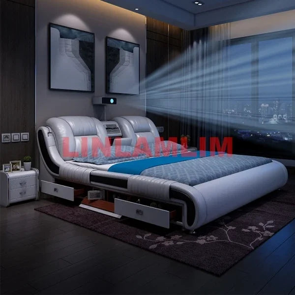 BJ Genuine Leather Bed Multifunctional Beds Ultimate Massage Camas With Bluetooth,Speaker,Safe,Air Cleaner, Projector,Drawers