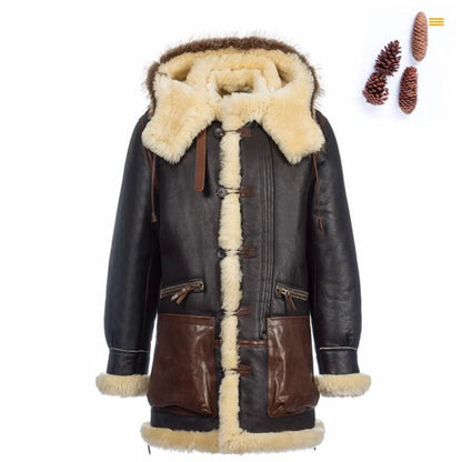 Denny&Dora Men's Shearling Jacket Hood Thick Warm Winter Sheepskin Coat Dark Brown Leather Jacket