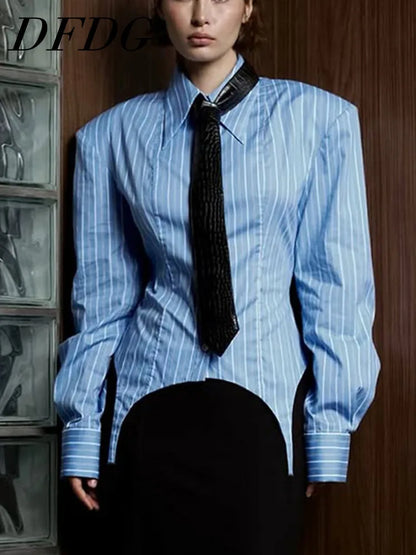 DFDG Women 2026 Spring Summer Striped Blouse Pointed Collar Long Sleeve Ruched Waist Asymmetrical Hem Elegant Office Shirt - Kimlud