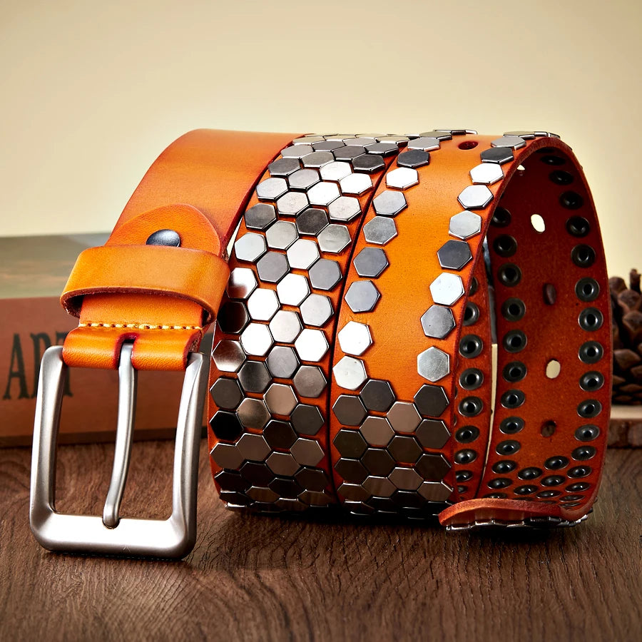 3.8cm Width Men Rivet Studded Belt Punk With Pin Buckle Belts Hip Hop Male High Quality Genuine Leather Belt Rock Strap