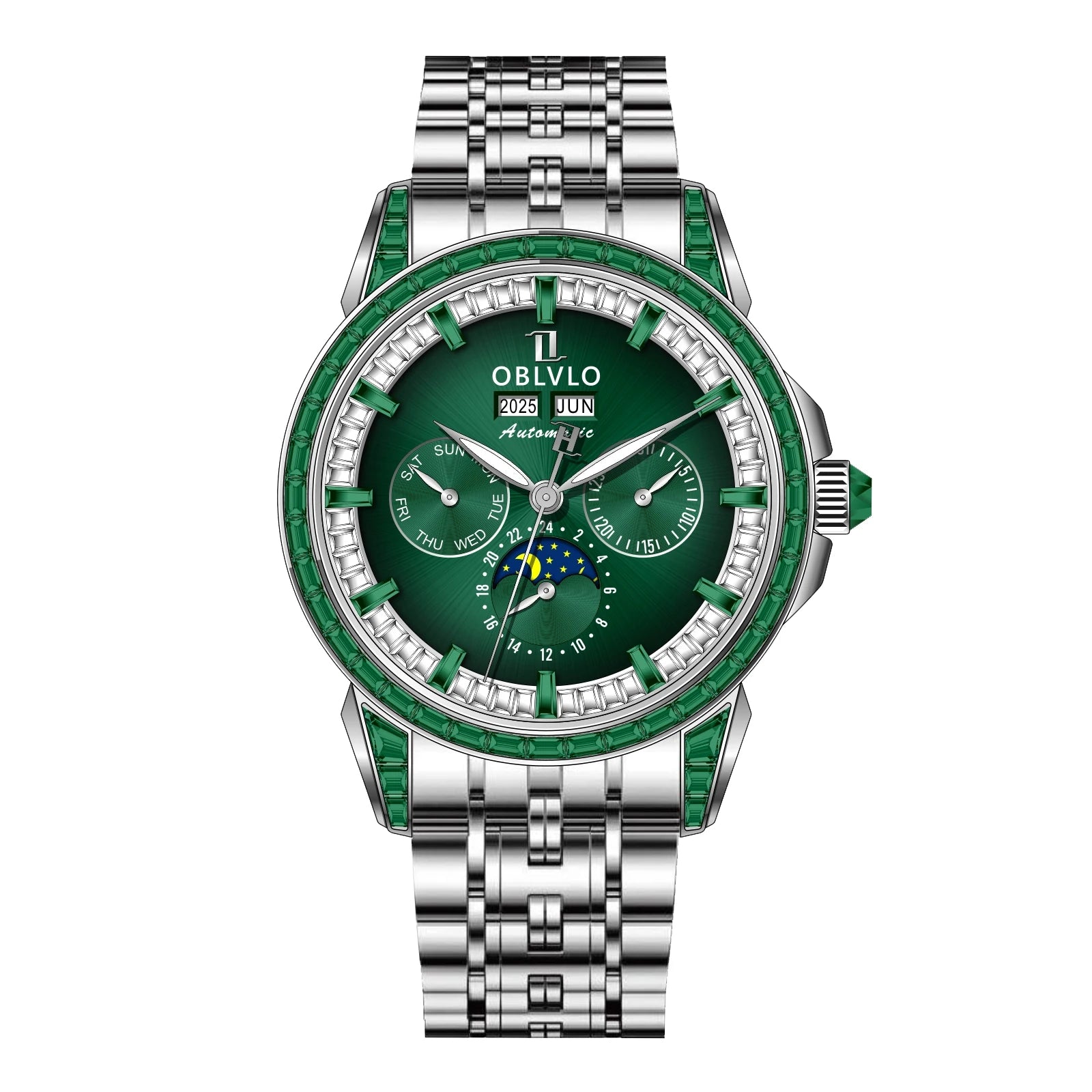 OBLVLO Men's Fashion Automatic Watch Colorful Zircon Moonphase Mechanical Multifunctional Black Leather Strap Timepiece...