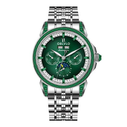 OBLVLO Men's Fashion Automatic Watch Colorful Zircon Moonphase Mechanical Multifunctional Black Leather Strap Timepiece...