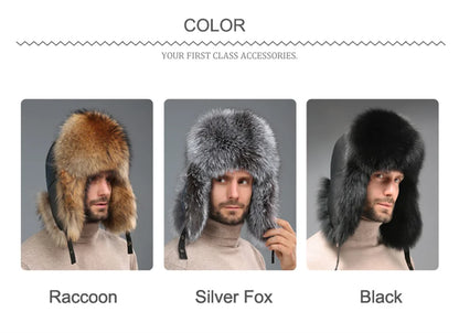 New Winter Men's 100% Real Silver Fox Fur Bomber Hat Raccoon Fur Ushanka Cap Trapper Russian Man Ski Hats Caps Real Leather Hat