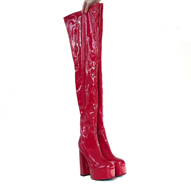 Rontic Handmade Women Spring Crotch Boots Stretch Patent Chunky Heels Round Toe Elegant Black Burgundy Club Shoes US...