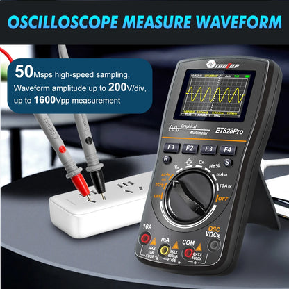 TOOLTOP ET828Pro 10MHz 50Mps/s Handheld Oscilloscope 6000 Counts True RMS Multimeter Voltmeter Ammeter Automotive Oscilloscope