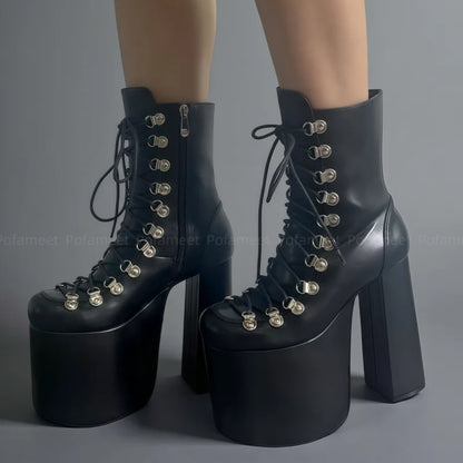 Women Sexy Ankle Boots Platform Shoes Chunky Heel Short Boots Round Toe Metal Buckle Decor Zipper Punk Style Dance Boots
