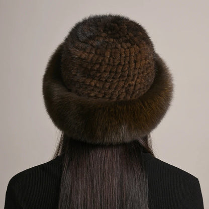 New Genuine Real Natural Knitted Mink Fur Hat Luxury Women Handmade Knit Fashion Winter Headwear Warm Real Fox Fur Beanies Caps