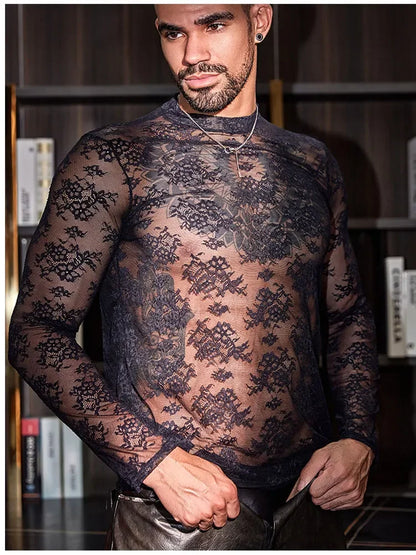 Lace Mesh Sheer See Through T-shirts for Men High Elastic Tight Thin Breathable Comfortable Tops Long Sleeves Fashion Blouse - Kimlud