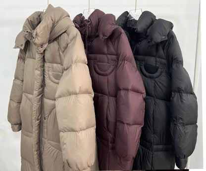 Hirsionsan Winter Long Solid Hooded Puffer Clothing Women Loose Casual White Duck Down Jackets Retro Streetwear Simple Warm Coat