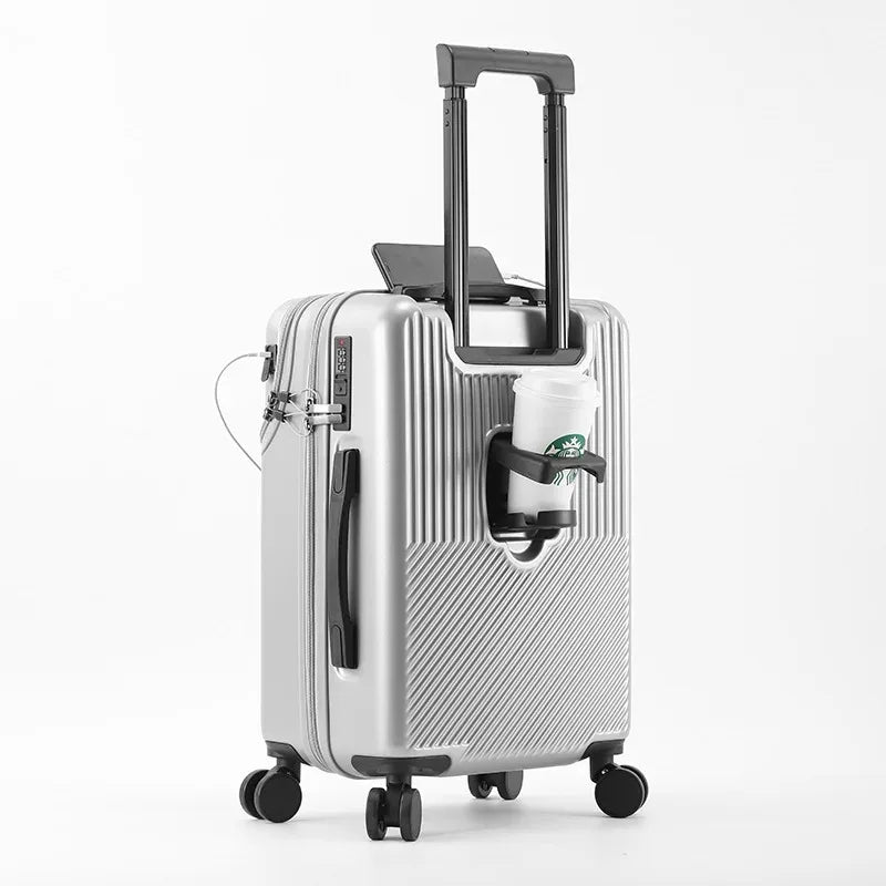 Front Opening Pocket Suitcase Travel Rolling Luggage Aluminum Alloy Trolley ABS+PC Case Bag with Spinner Wheel USB Charging Port