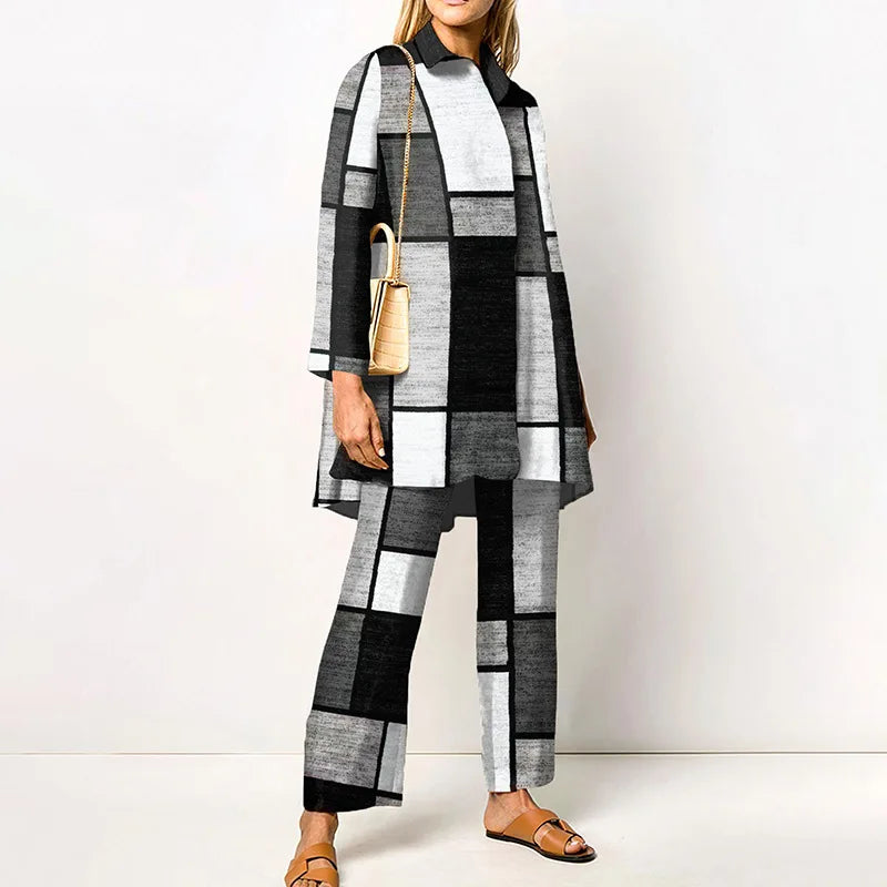 Autumn New Loose Vintage Printed Pant Sets Women Long Sleeve Shirts And Wide Legs Trousers Two Piece Set 2025 Fashion Streetwear