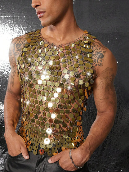 Sparkling Diamond Cut-Out See-Through Vest For Men - New Summer Style Sexy Nightclub Party Fishnet Beaded Outerwear Top - Kimlud