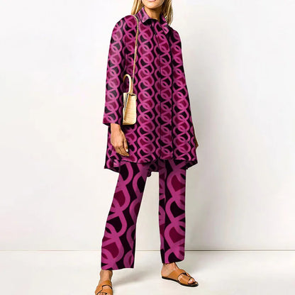 Autumn New Loose Vintage Printed Pant Sets Women Long Sleeve Shirts And Wide Legs Trousers Two Piece Set 2025 Fashion Streetwear