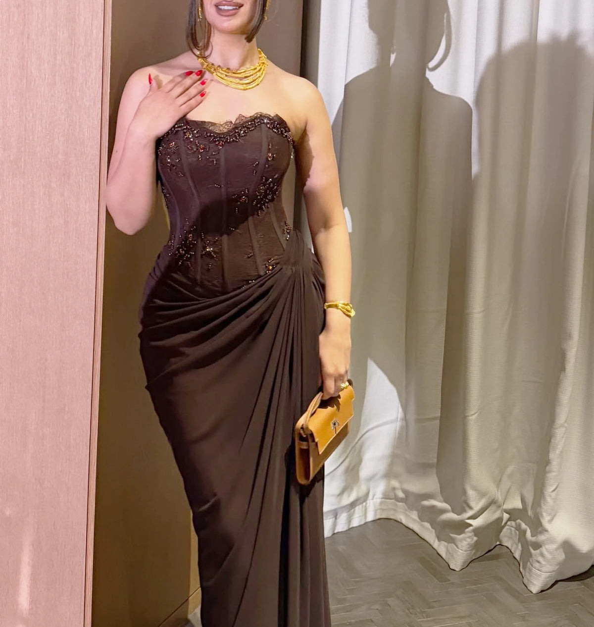Ofherown Strapless Brown Corset Evening Dress Beaded Lace Trim Draped Chiffon Mermaid Custom Formal Prom Gown For Wedding Guest