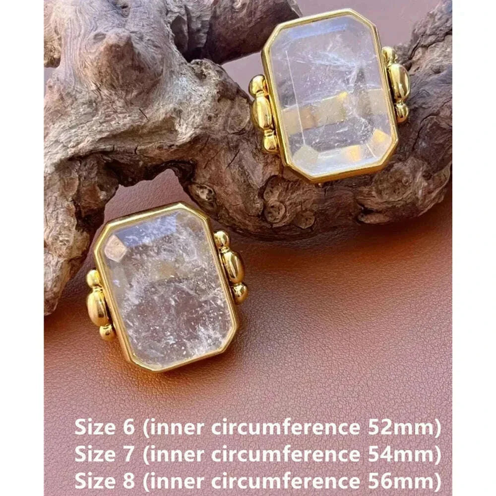 Fashion Square Natural Stone Crystal Ring Gold Color Metal for Women Brass Jewelry  2024 Light Luxury European And American
