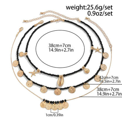 Ingemark 3Pcs/Set Boho Black Seed Beads Chain Necklace for Women Goth Starfish Conch Coin Pendant Choker Y2K Neck Jewelry Gift