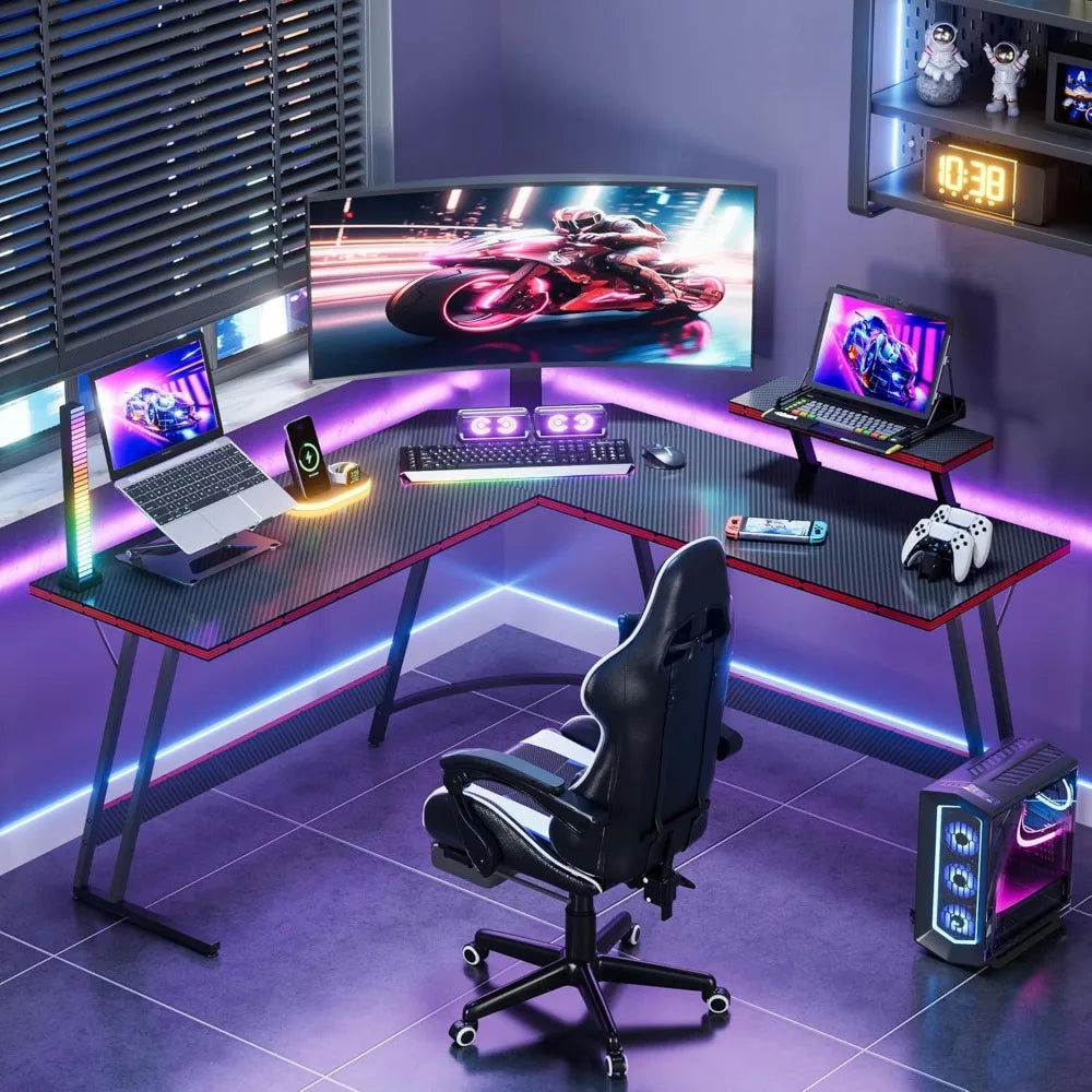 L-Shaped Gaming Desk with Monitor Stand, Large Corner Table for Home Office and Gaming (Black, 51 Inch)