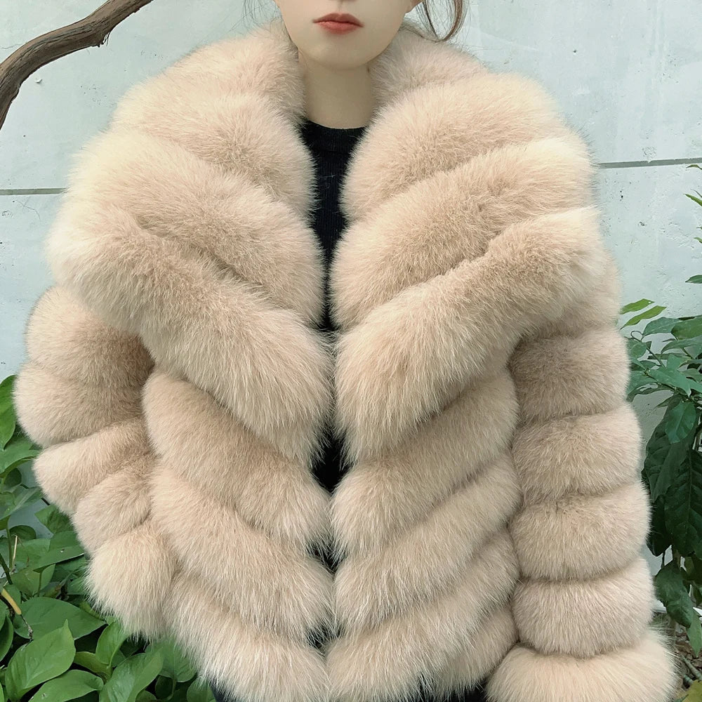 QUEENTINA Winter New Women's Real Fox Fur Coat With Collar Overcoat Leather Female Natural Plus Size