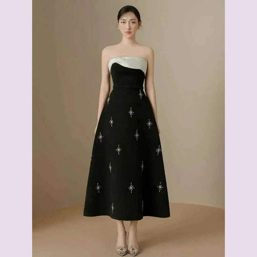 DEAT Elegant Dress Spliced Diamonds Contrast Color Strapless Sleeveless Women's Party Dresses 2024 Autumn New Fashion 15C159