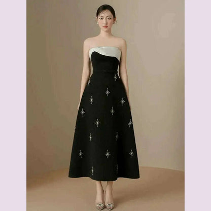 DEAT Elegant Dress Spliced Diamonds Contrast Color Strapless Sleeveless Women's Party Dresses 2024 Autumn New Fashion 15C159