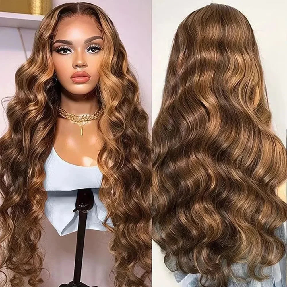 13x4 HD Highlight Ombre Body Wave Wigs Human Hair P4/27 Blonde Brown Wig13x6 Lace Frontal Wig Colored Human Hair For Women - Kimlud