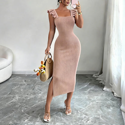 Women's Square Neck Ruffle Strap Sleeveless Side Slit Stretchy Ribbed Knit Bodycon Maxi Dress Party Wedding Long Dress Outfits