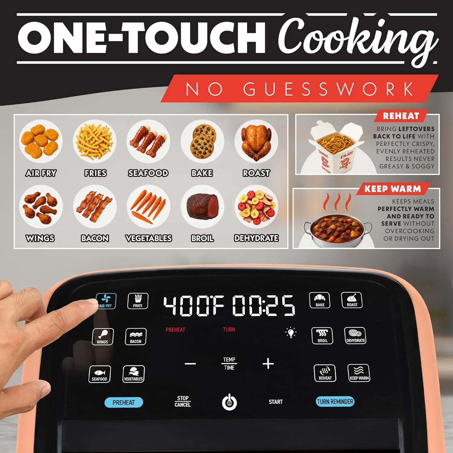 7 QT Air Fryer with Panoramic Window, Interior Light, 12 Presets & Dishwasher Safe Accessories in Peach