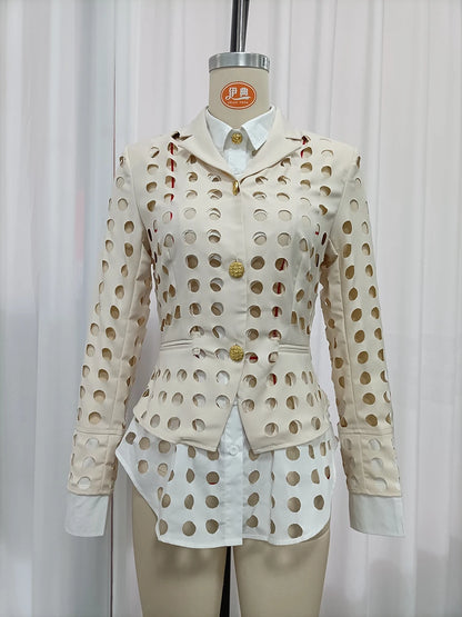 TWOTWINSTYLE Modern Hollow Out Jackets Women Lapel Neck Long Sleeve Gold Ornament Buttons Loose Jacket Streetwear...
