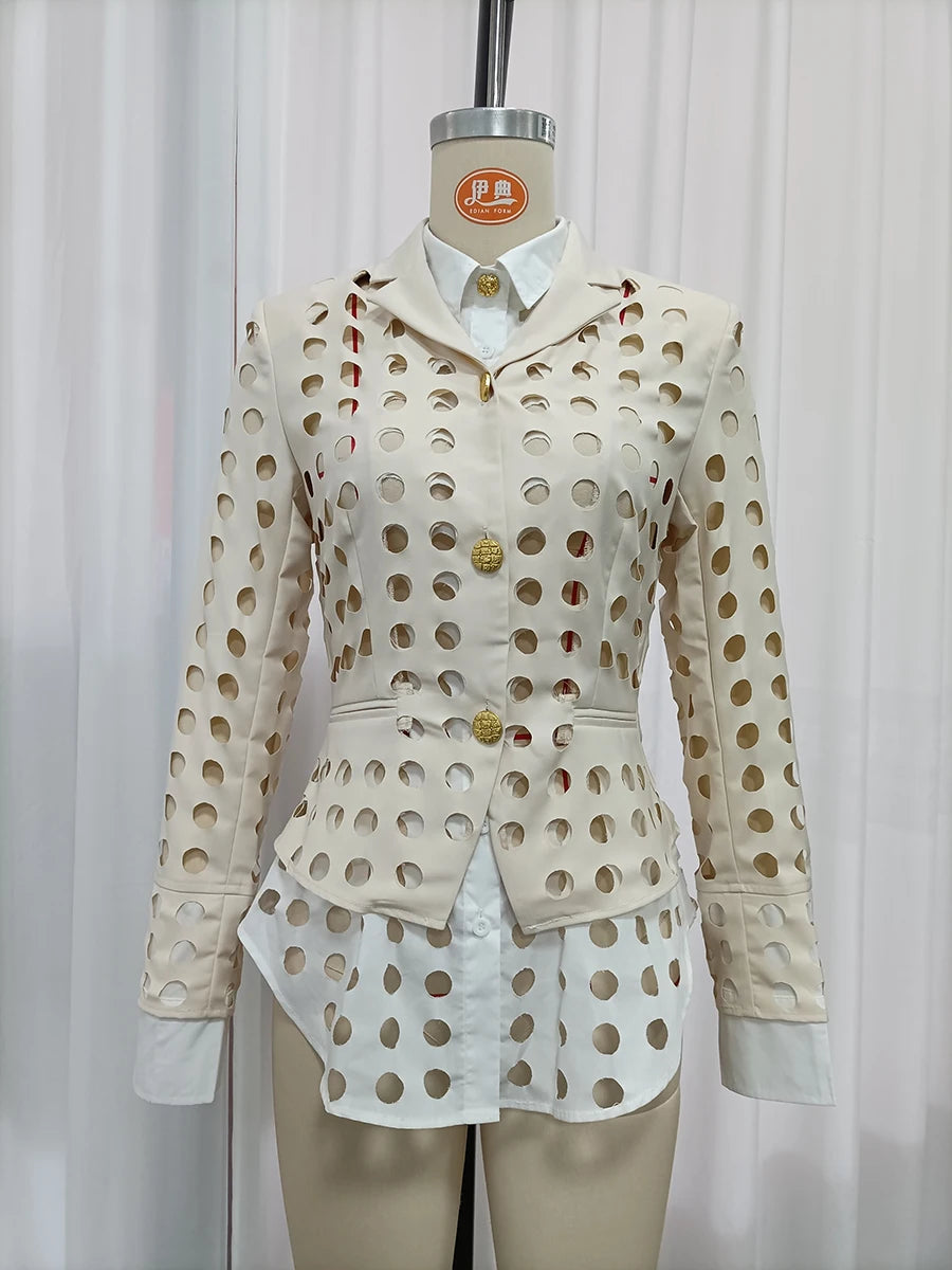 TWOTWINSTYLE Modern Hollow Out Jackets Women Lapel Neck Long Sleeve Gold Ornament Buttons Loose Jacket Streetwear...