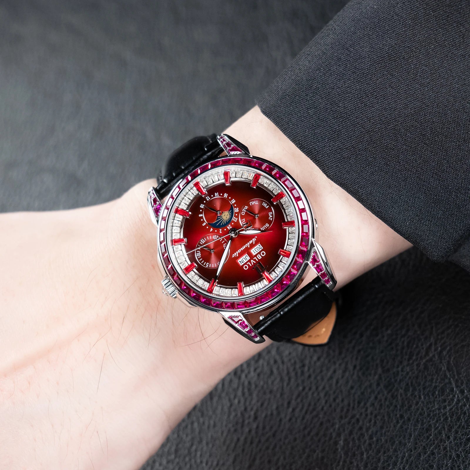 OBLVLO Men's Fashion Automatic Watch Colorful Zircon Moonphase Mechanical Multifunctional Black Leather Strap Timepiece...