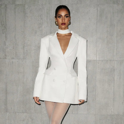 Mozision Deep V Neck Long Sleeve Sexy Mini Blazer Dress Women Elegant Double-breasted High Waist Club Party Blazers Dress