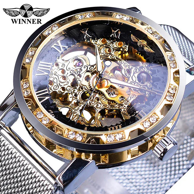 Winner Casual Mechanical Watches For Men Golden Roman Fashion Stainless Steel Belt Mesh Strap Wristwatch Clock Relogio Masculino